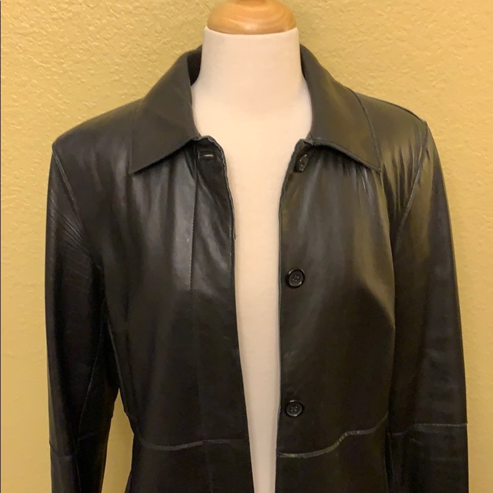 EXPRESS Black Leather Long Jacket Coat 9/10 - Picture 2 of 8